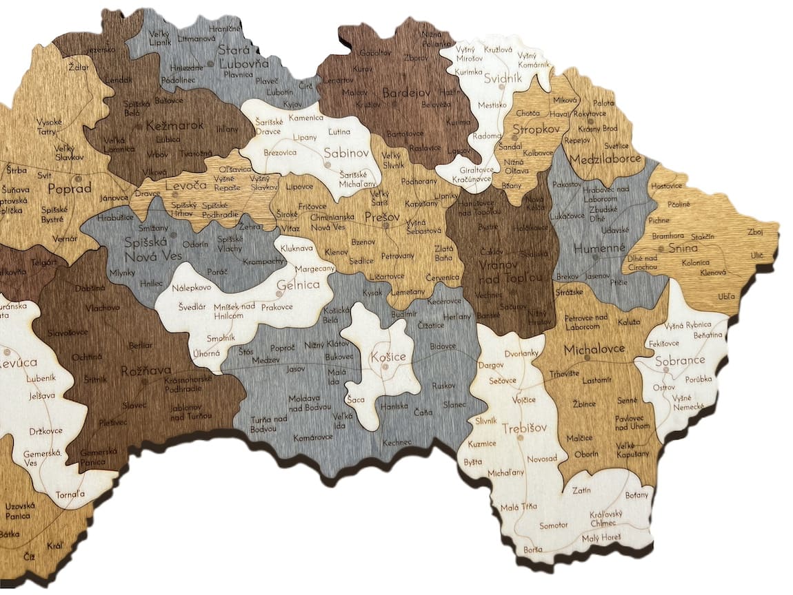 nástenná mapa Slovensko mesta obce drevena 3d nastenna