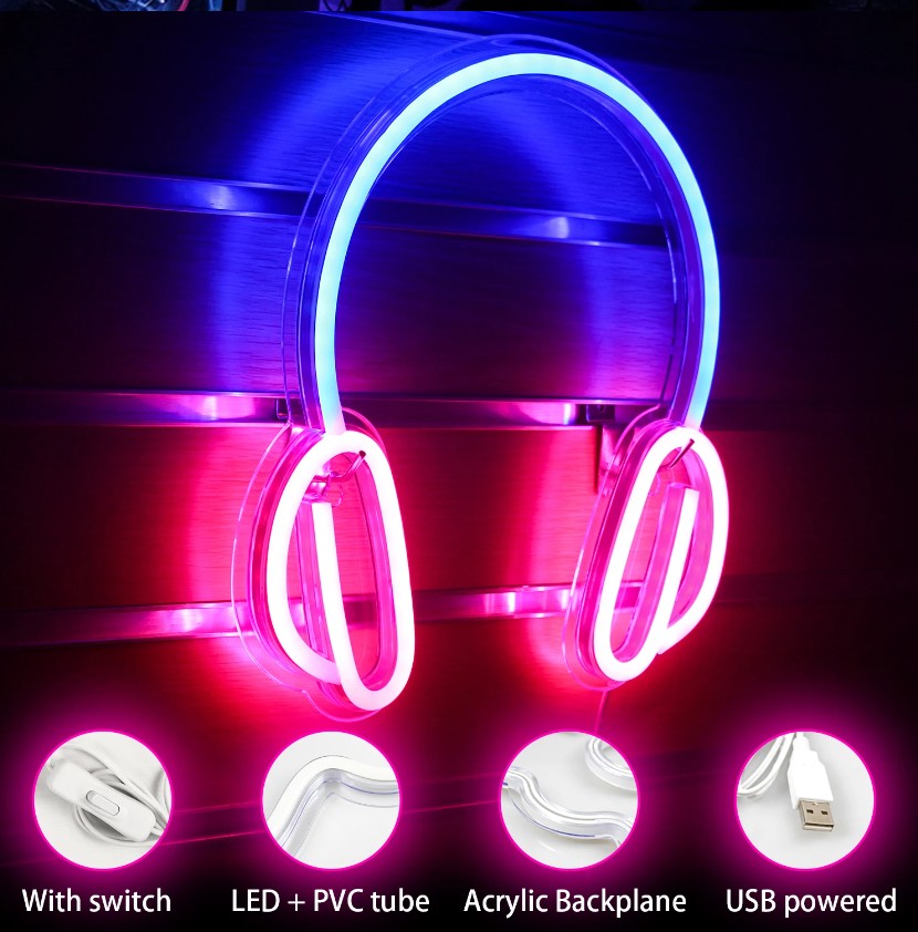 sluchadla headphones - svietiaci napis na stenu led reklama neon